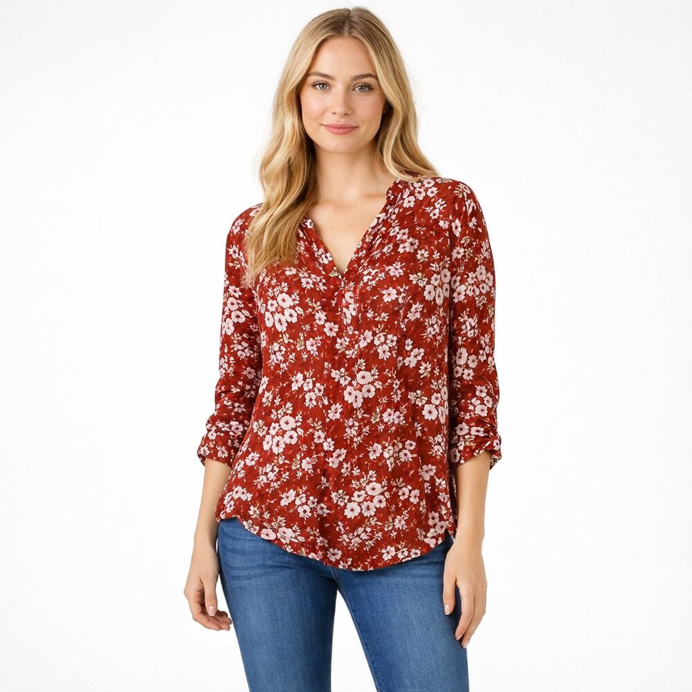 2/$30 Monday Fun Floral Print V-Neck Hawaiian Blouse Crimson Small #A1509